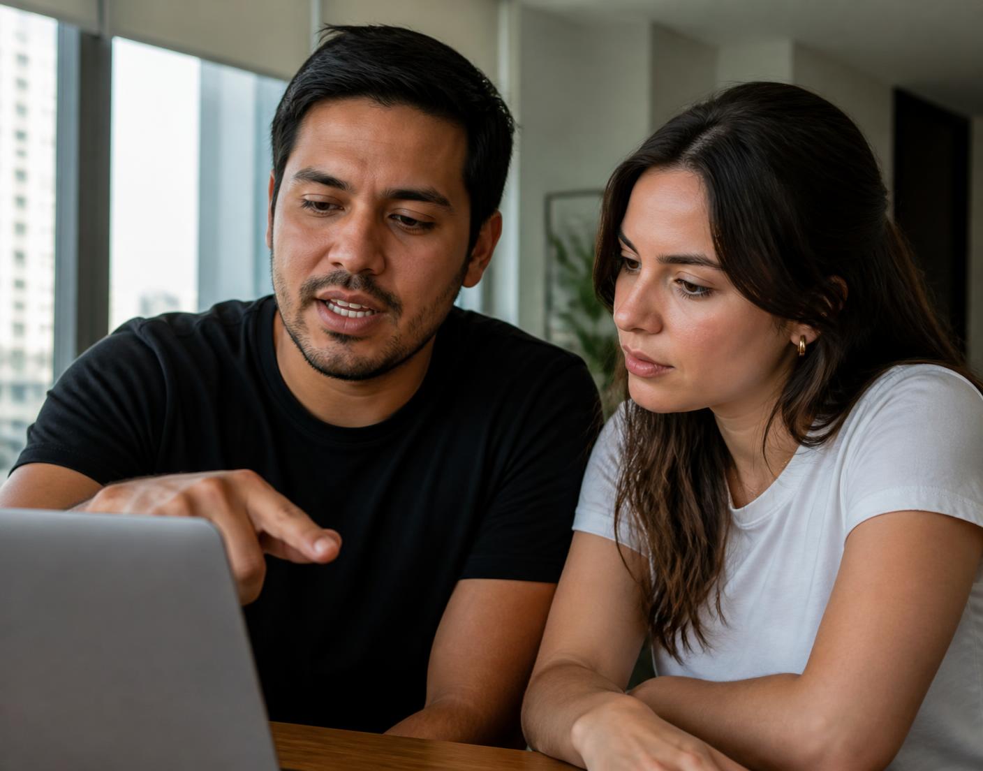 Un mentor y una estudiante revisando respuestas de entrevista en una laptop